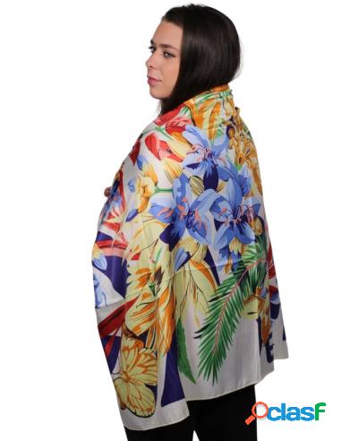Pañuelo De Seda Colores Con Flores Y Mariposas Crema