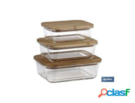 Set de 3 recipientes de borosilicato con tapa de bambú