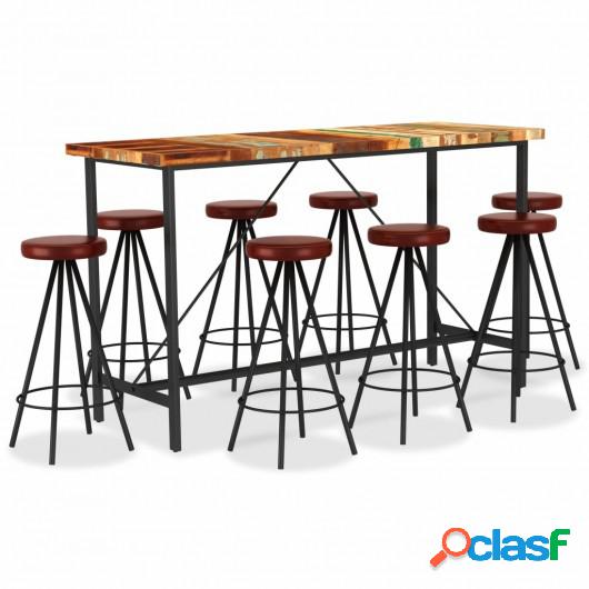 Set muebles de bar 9 piezas madera reciclada y cuero