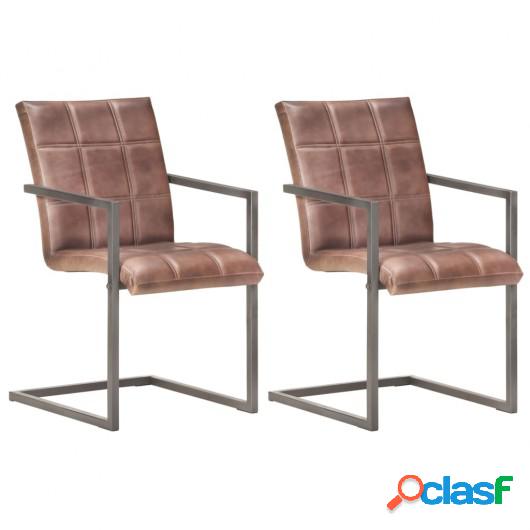 Silla voladiza comedor 2 uds cuero auténtico marrón