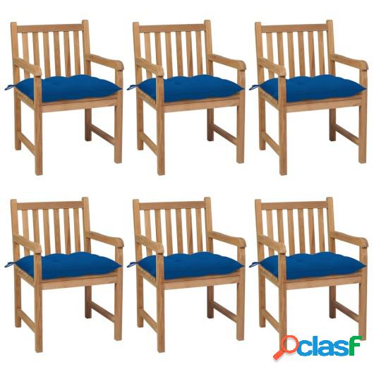 Sillas de jardín 6 uds madera maciza de teca cojines azul