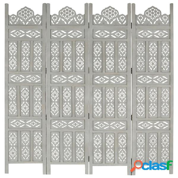vidaXL Biombo 4 paneles tallado a mano madera mango gris