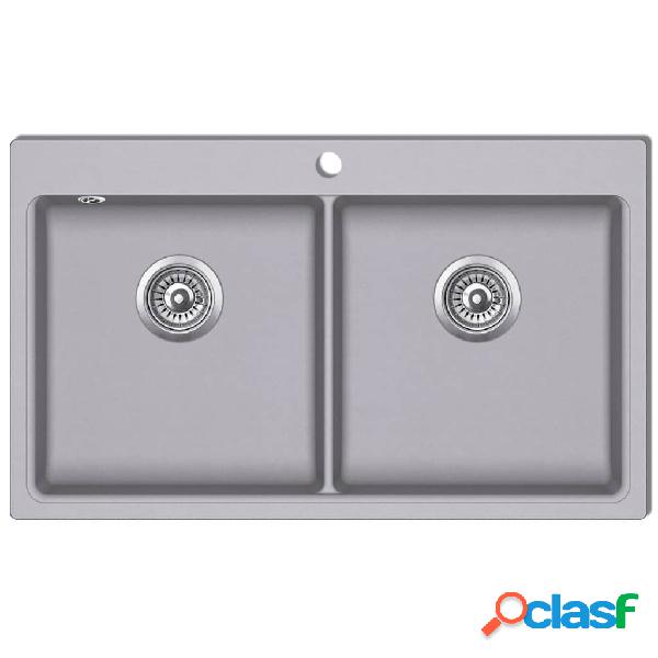 vidaXL Fregadero encastrable de granito gris de dos cubetas
