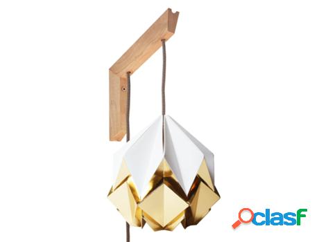 Aplique de madera y pantalla origami blanca y dorada en