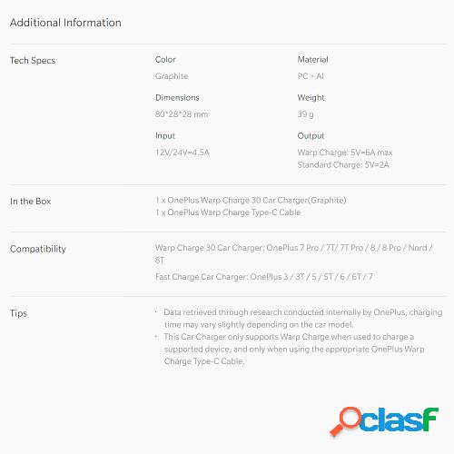 Cargador de coche OnePlus Warp Charge de 30 W y cable tipo C