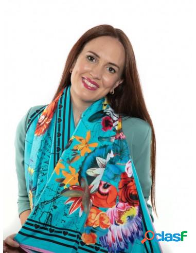 Pañuelo De Seda Estampado Floral Sobre Mapamundi Turquesa