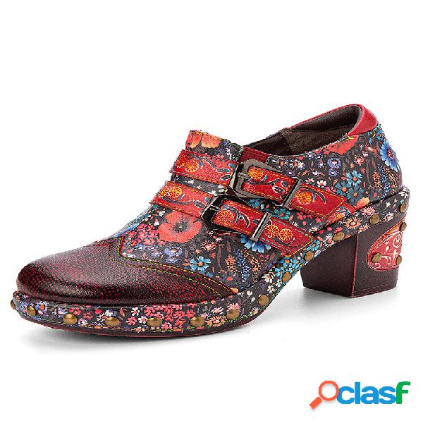 Socofiar Retro Floral Printing Peso ligero Chunky Heel Mule