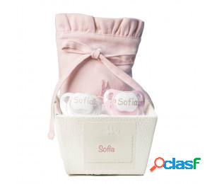 2 chupetes personalizados y guardachupetes rosa