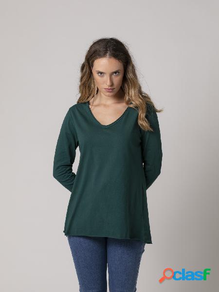 Camiseta algodón escote en pico manga larga Verde