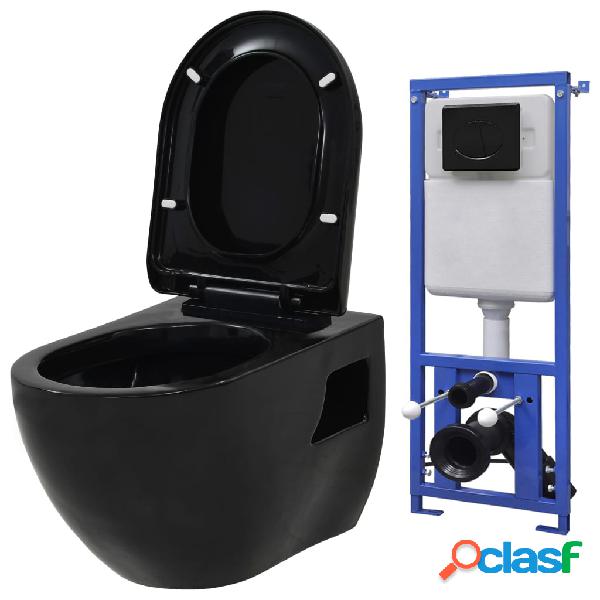 vidaXL Inodoro de pared con cisterna oculta cerámica negro