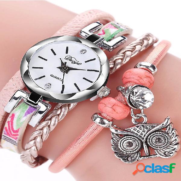 Estilo bohemio Cute Owl Colgante Pulsera de cuero Watch