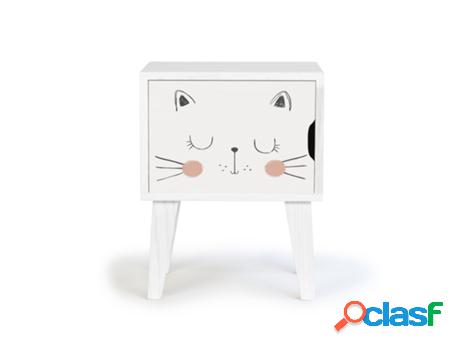 Mesita de noche CAT de pino infantil con dibujo de gato
