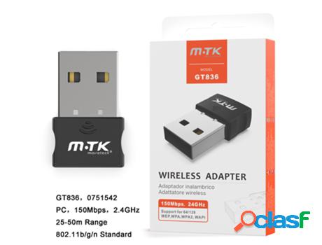 Adaptador Wireless 24Ghz, 150 Mbps, Moveteck Gt836 (Negro)
