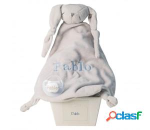 Doudou y chupete personalizado con el nombre del bebé azul