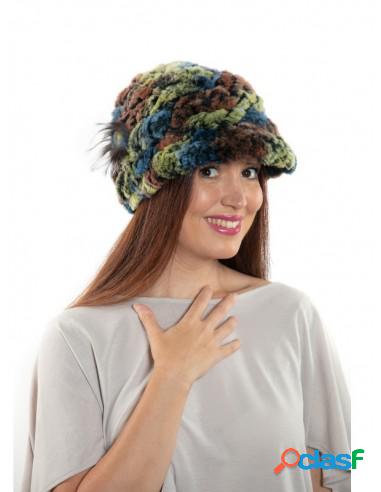 Gorro Visera Piel De Rex Natural Con Adorno Floral Avellana