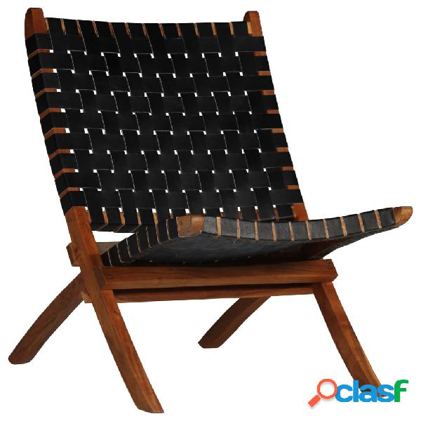 vidaXL Silla plegable de tiras cruzadas de cuero auténtico
