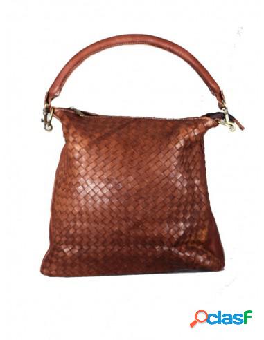 Bolso De Piel Labrada Con Asa Y Correa Marrón