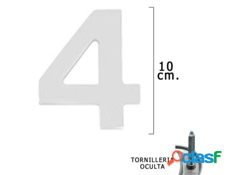 Numero metal 4 plateado mate 10 cm. con tornilleria oculta