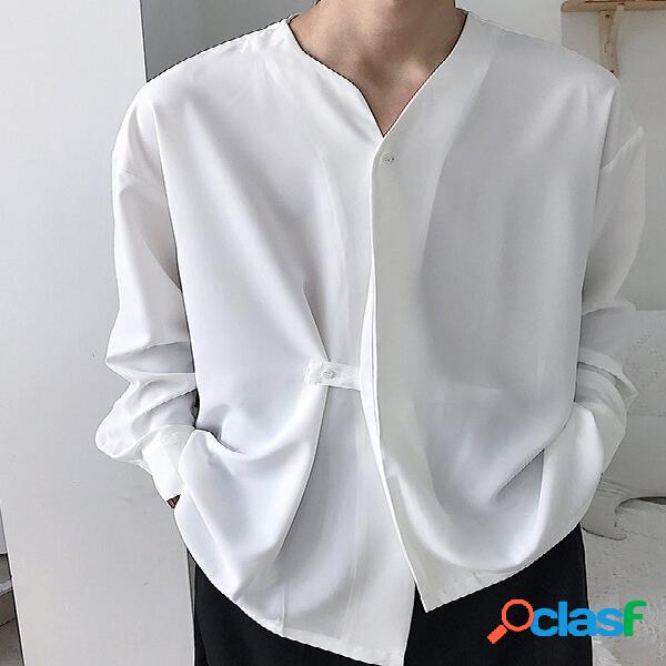 Botón irregular para hombre Drapeado Color sólido Camisa