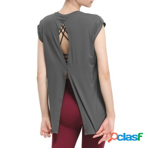 Camiseta deportiva para mujer Hollow Out Split Back O Neck