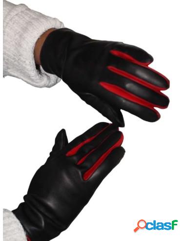 Guantes De Piel Negro Con Adorno En Rojo 7,5