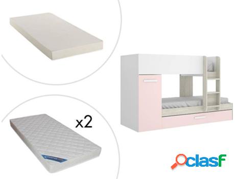 Litera VENTE UNIQUE Anthony (Rosa, Blanco - Madera - 90x190
