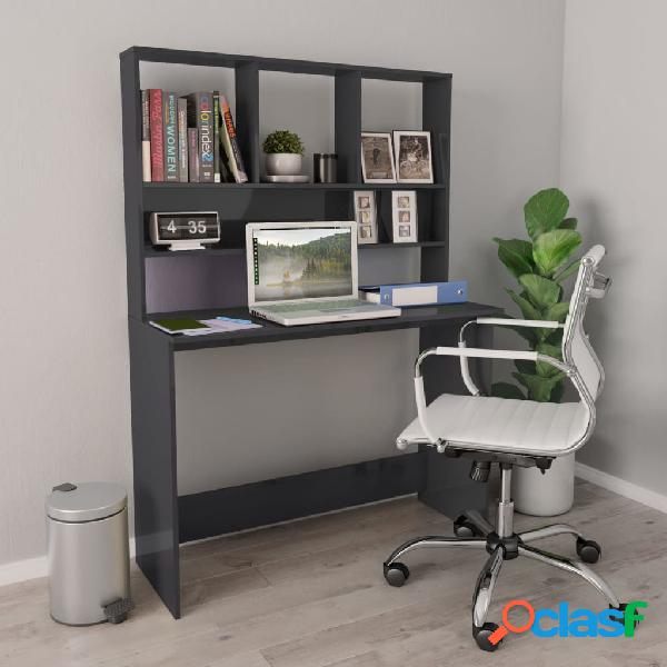 vidaXL Escritorio con estantes contrachapada gris brillo