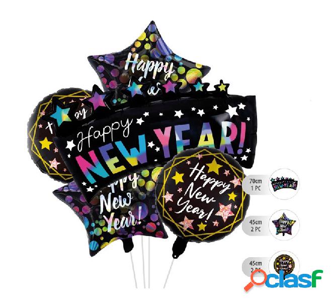 Kit de 5 Globos Foil Negros de Happy New Year