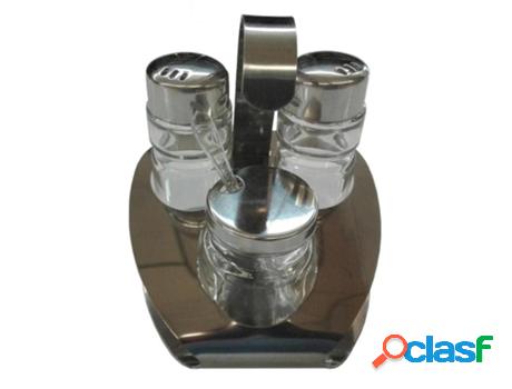 Salero + pimentero + mostaza + soporte gorem
