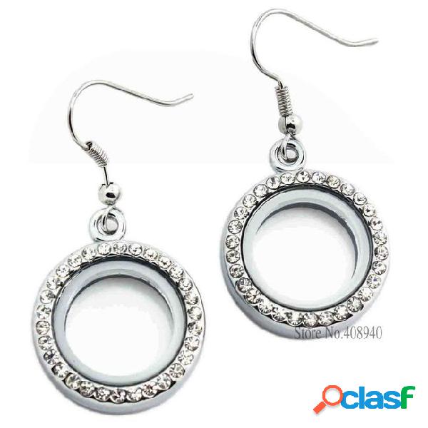 1 pair 20mm silver round locket earrings glass floating