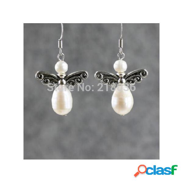 10 pair vintage silver angel wing pearl bead charms earrings