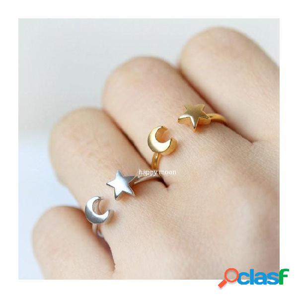 10pcs- r015 adjustable star with crescent moon rings half