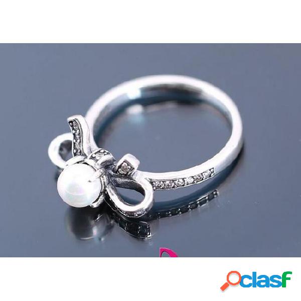 2016 newest bow silver ring with pearl and clear cubic