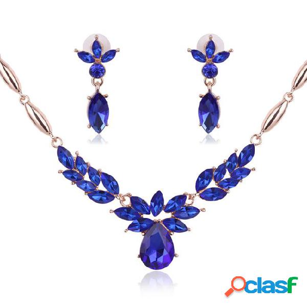 3 colors crystal flower drop necklace earrings jewelry sets