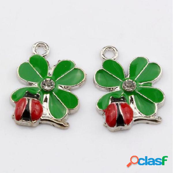 50pcs green enamel lucky grass with ladybug charm pendant