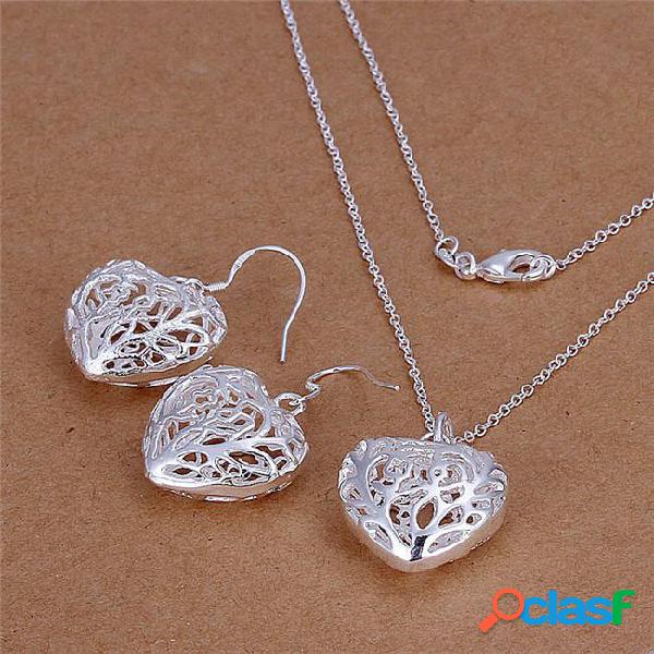 925 sterling silver hollow heart pendant necklace & earrings