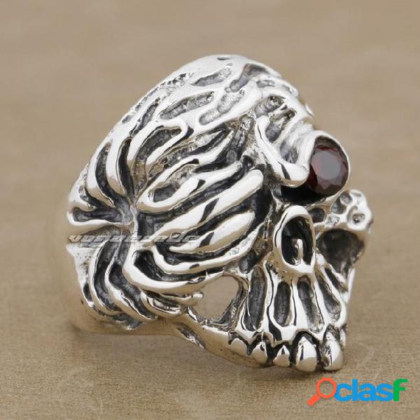 925 sterling silver red cz stone eye skull mens biker ring