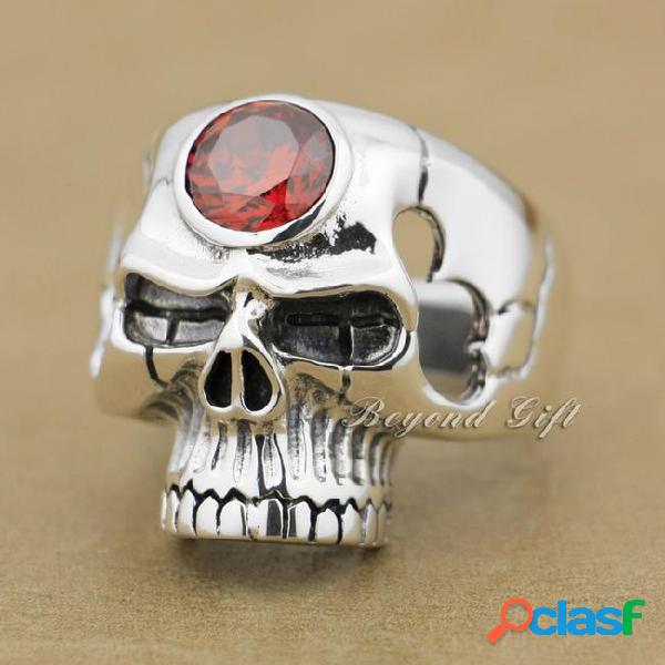 925 sterling silver red cz stone huge skull mens biker ring