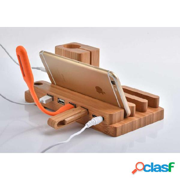 Bamboo wood 4 usb ports desktop universal charger stand