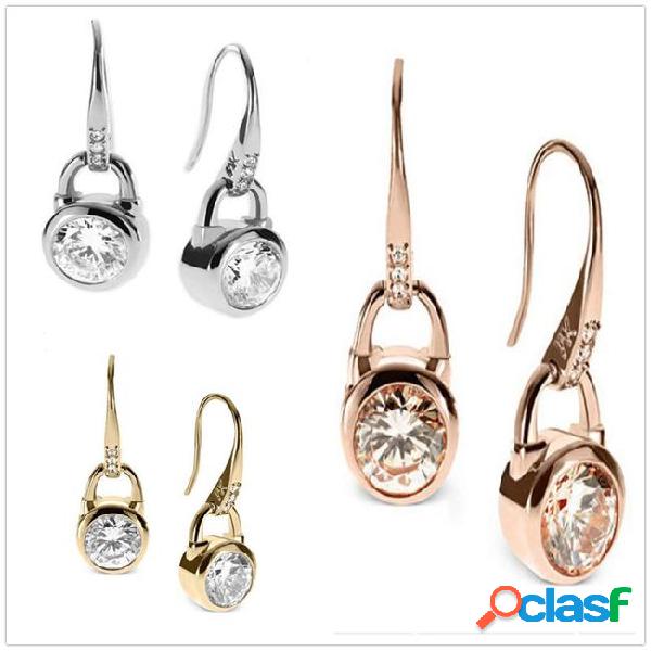 Fashion padlock crystal earrings 925 silver gold plated