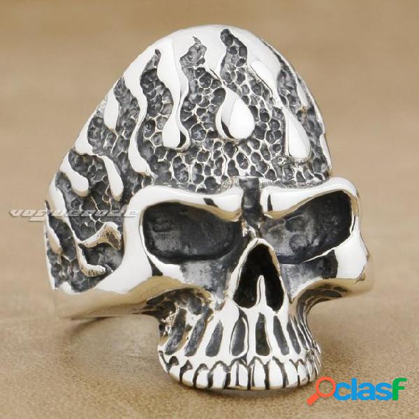 Flame fire skull 925 sterling silver mens biker rocker ring