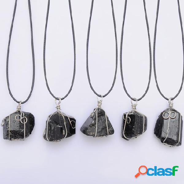 Great black tourmaline pendant necklace raw stone schorl