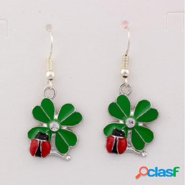 Hot ! 10 pair green enamel lucky grass with ladybug charms