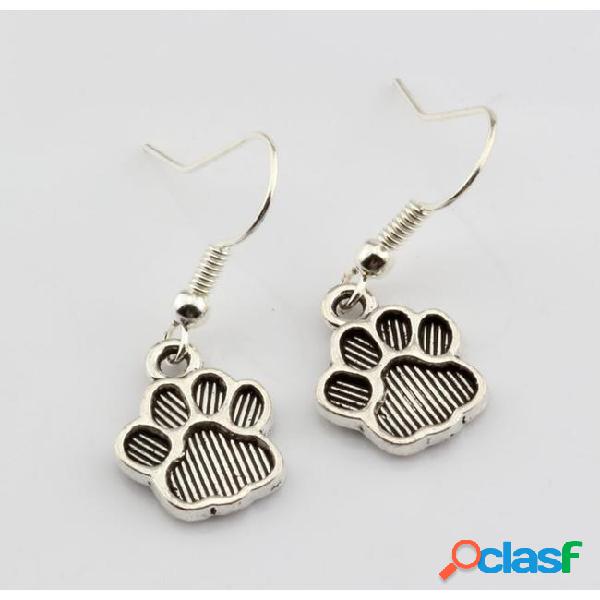 Hot ! 15 pair antique silver paw print charms earrings with