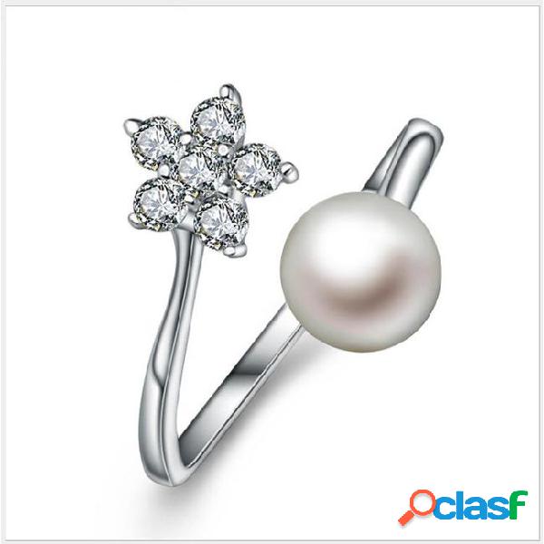 New 925 sterling silver pearl open ring women silver flower