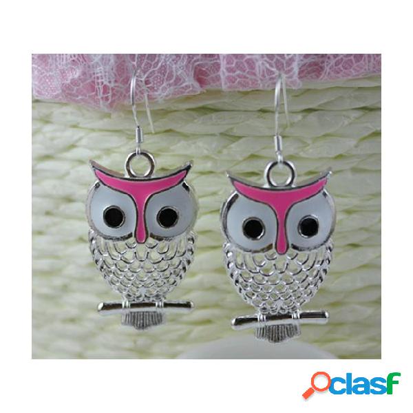 Plated silver earrings pink enamel owl charms 925 sterling