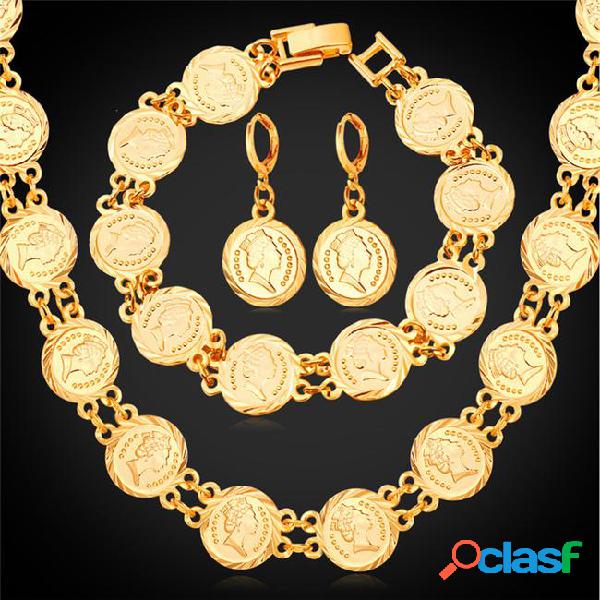 Queen head vintage coin necklace bracelet earrings set women