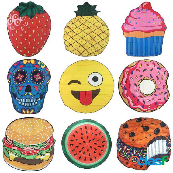 Round printed emoji fruits beach towels skull doughnut