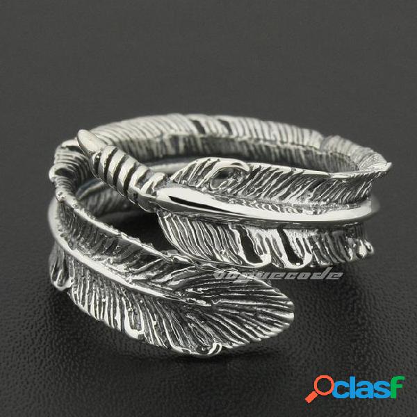 Size adjustable 925 sterling silver feather mens rocker ring