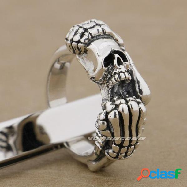 Solid 925 sterling silver skull hands mens biker ring 9k023